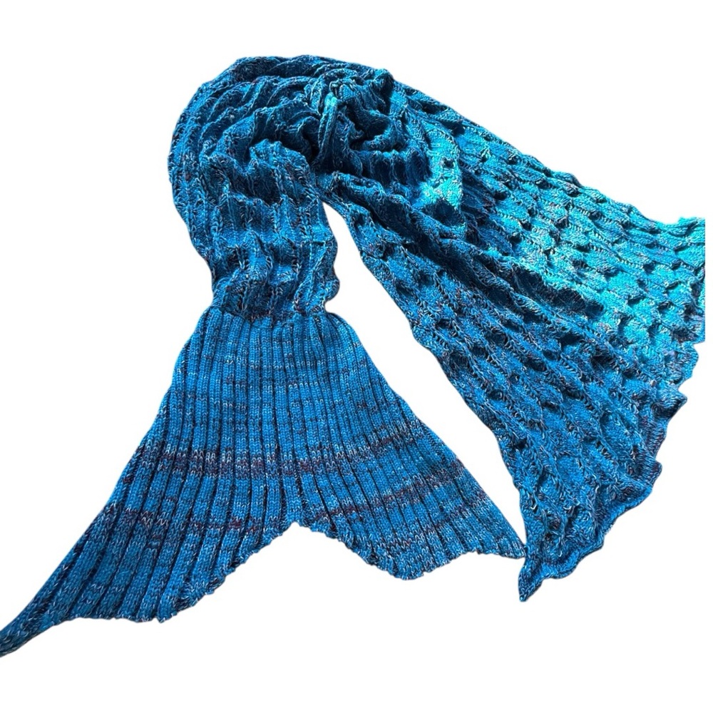Mermaid Tail Blanket | Cobalt Blue Burgundy Hand Knit Scales Fantasy Cozy Home